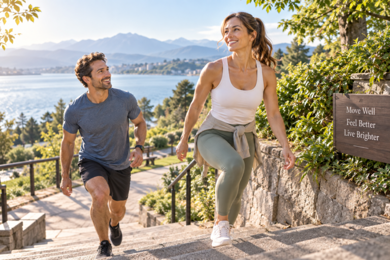 Active adults climbing outdoor steps with comfortable mobility