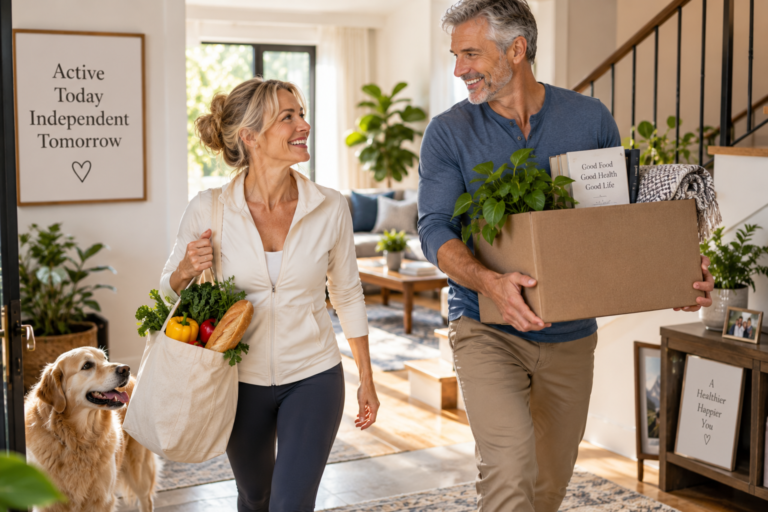 Active older couple carrying groceries and household items independently at home