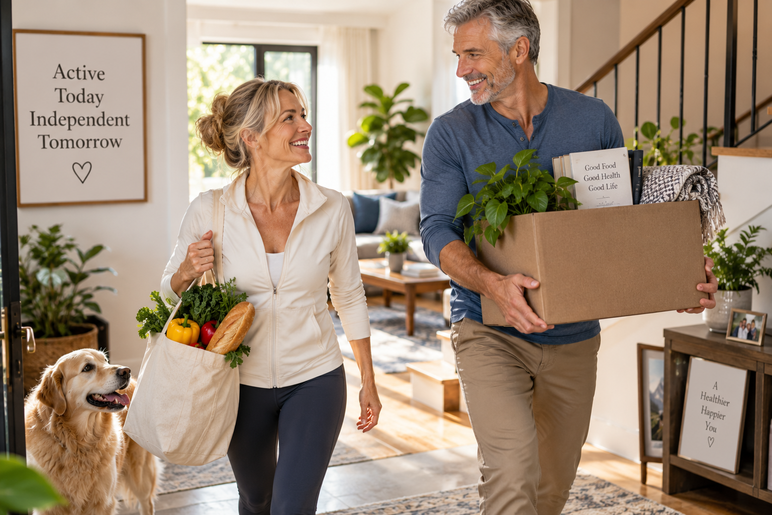 Active older couple carrying groceries and household items independently at home