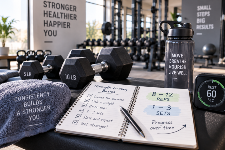 Strength training setup showing 8–12 reps and 1–3 sets with dumbbells