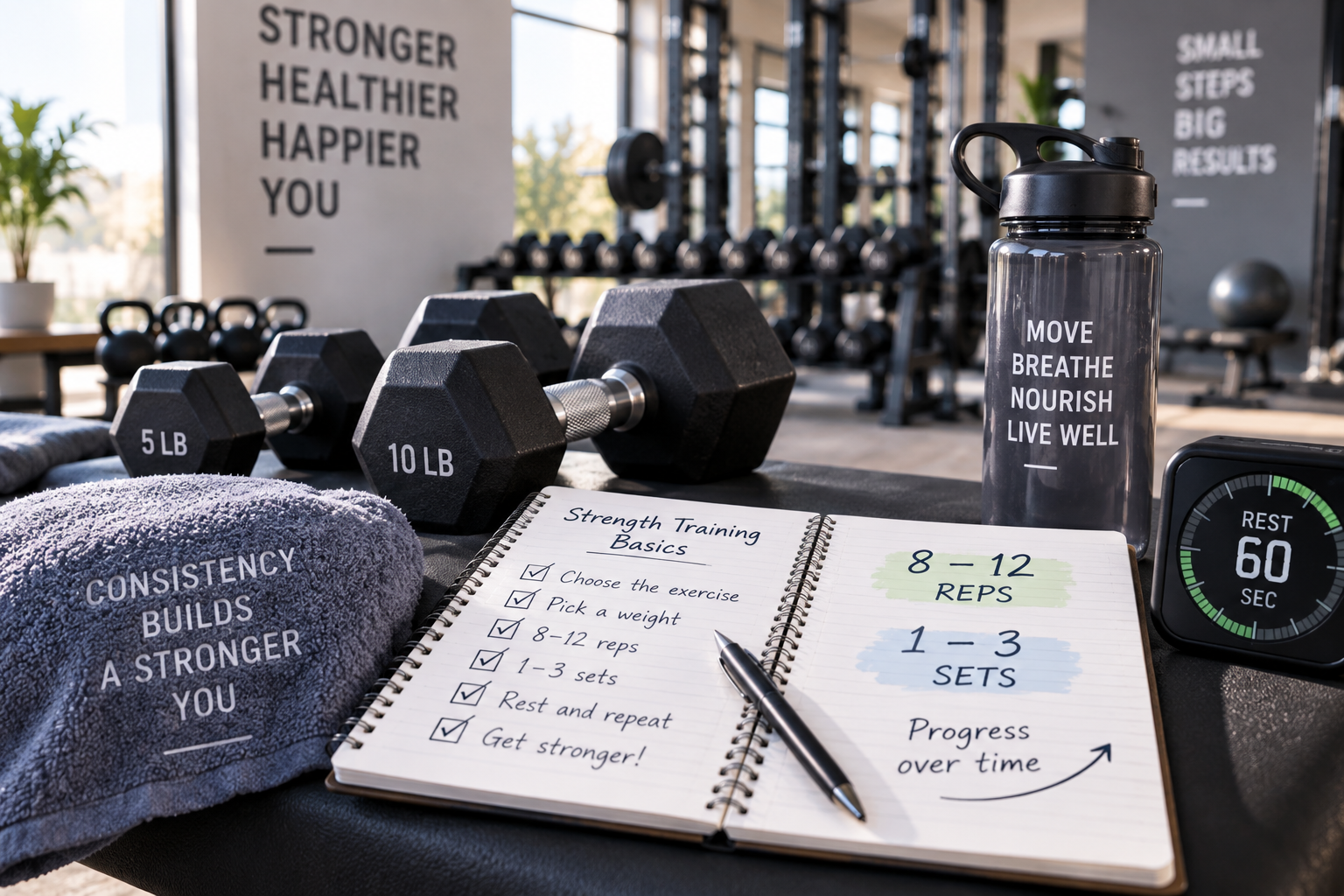 Strength training setup showing 8–12 reps and 1–3 sets with dumbbells