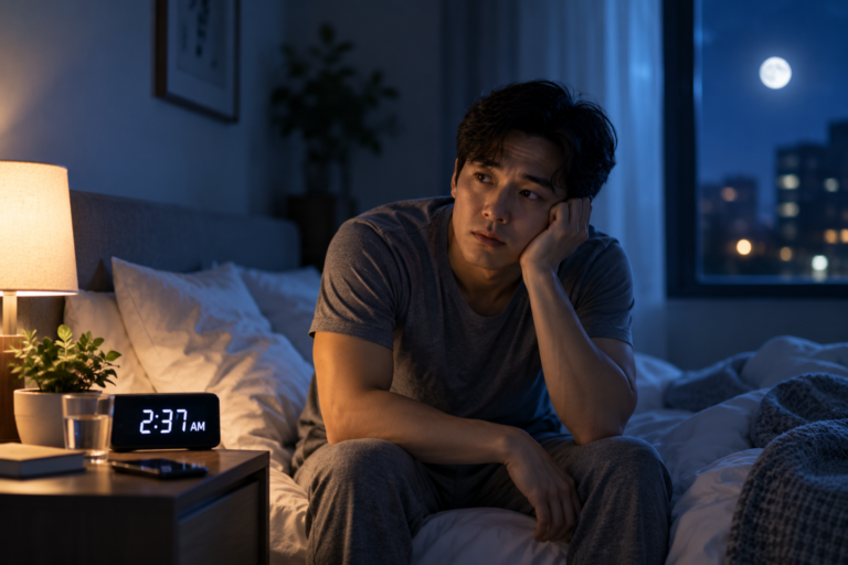 Man awake in bed after waking up during the night