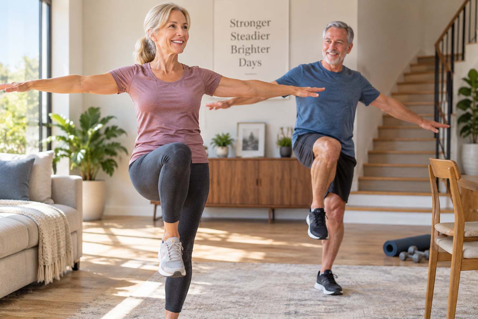 Older adults practicing balance exercises at home