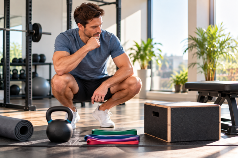 Man choosing strength training equipment in a gym