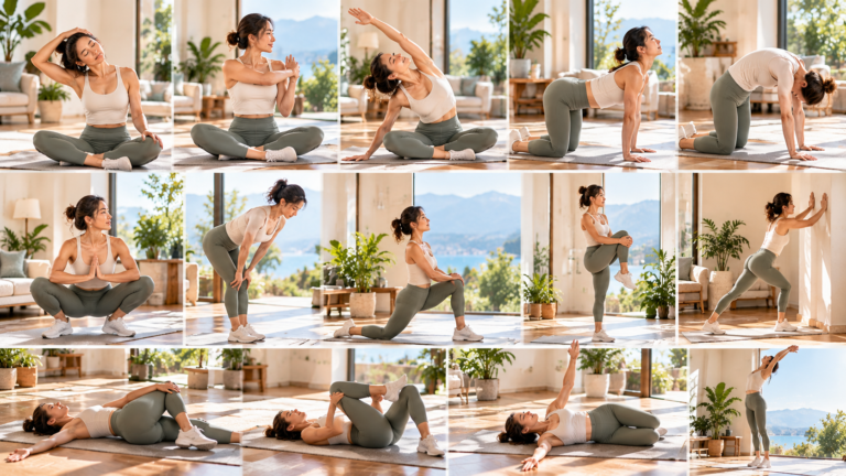 Woman performing a 10-minute daily mobility routine at home