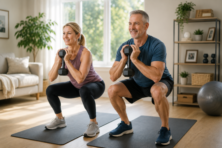 Middle-aged couple strength training with dumbbells at home