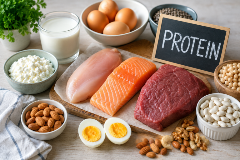 Protein-rich foods including salmon, chicken, eggs, beans, nuts, and dairy