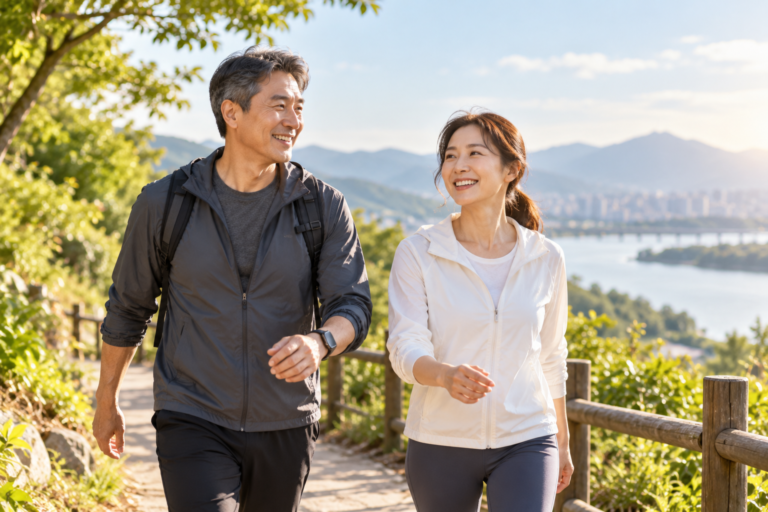 Active adults walking outdoors as part of a healthy aging lifestyle