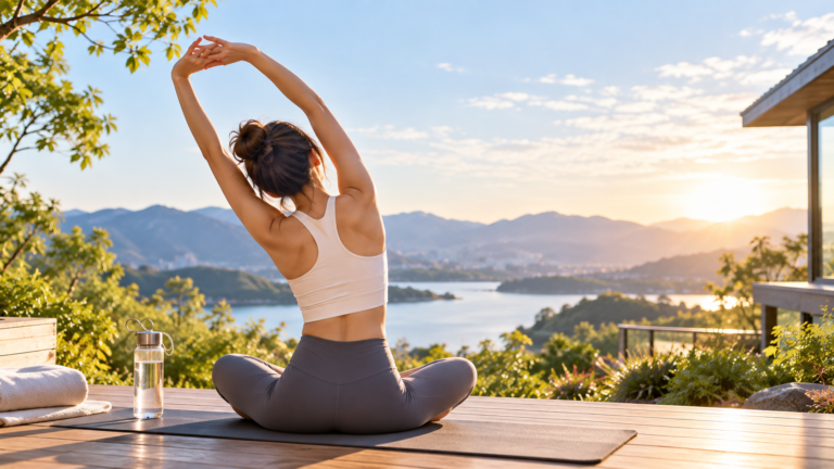 Woman stretching outdoors as part of a weekly exercise routine