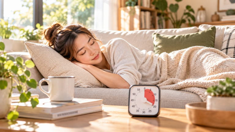 Woman taking a short daytime nap with a 20-minute timer