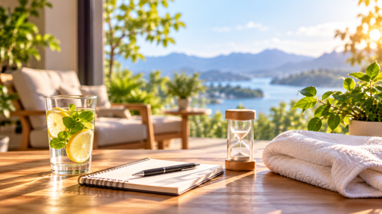 Hourglass and water on a peaceful terrace representing rest and recovery between strength training sets